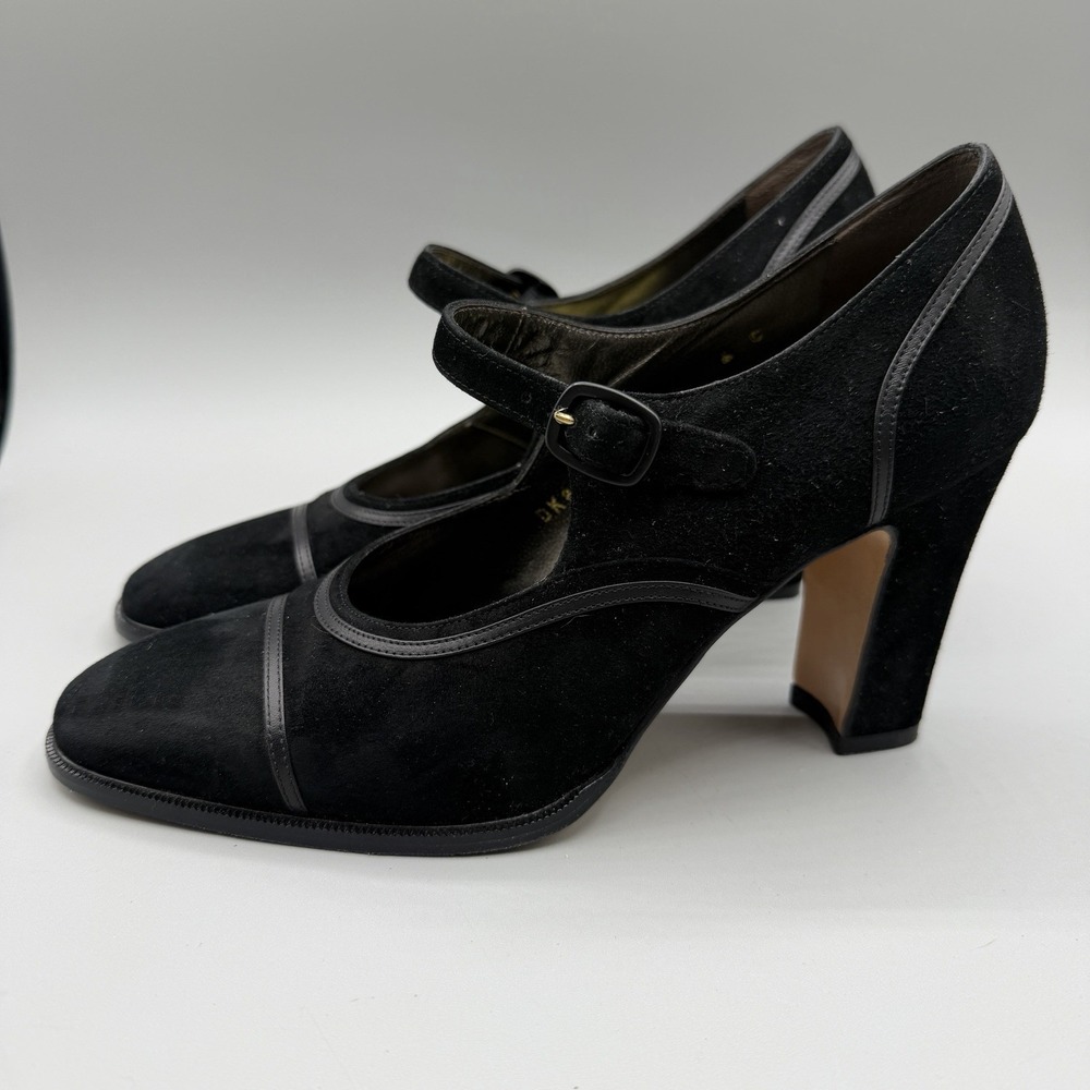 Salvatore Ferragamo Size 6C Black Calf Suede Heeled Mary Jane Designer Pumps - Picture 4 of 15